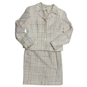 Vintage Jones New York Skirt Suit Set 💜 Beige & Purple Plaid ✨ Size 8